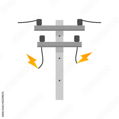 Broken electric wire of high power voltage pole is damaged and short circuit spark cause danger electrocution risk icon flat vector design © Jedsada Naeprai