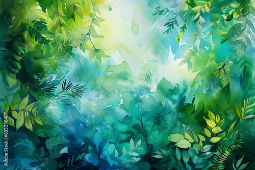 A vibrant watercolor ecology background featuring lush greenery and blue hues  evoking a sense of nature s beauty.