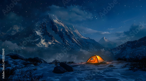 camping In the plateau snow mountains at night realistic