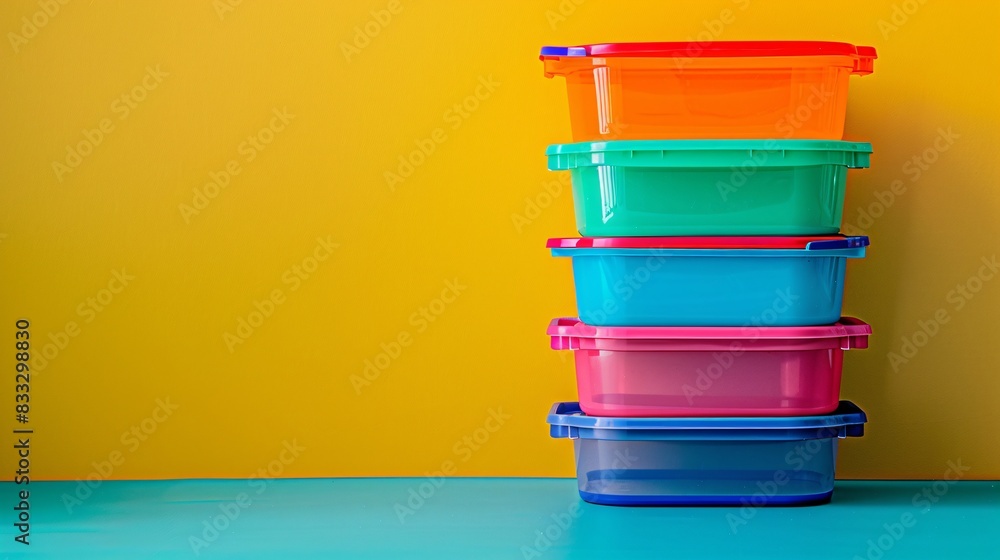 A stack of colorful plastic containers arranged in a tower on a plain surface, leaving plenty of room at the bottom for text. A stack of colorful plastic containers arranged in a tower on a plain surface, leaving plenty of room at the bottom for text.