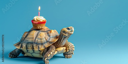 Happy Birthday, carnival, New Year's eve, sylvester or other festive celebration, funny animals card - Turtle, greek tortoise with cupcake with candle on the back, isolated on blue background
