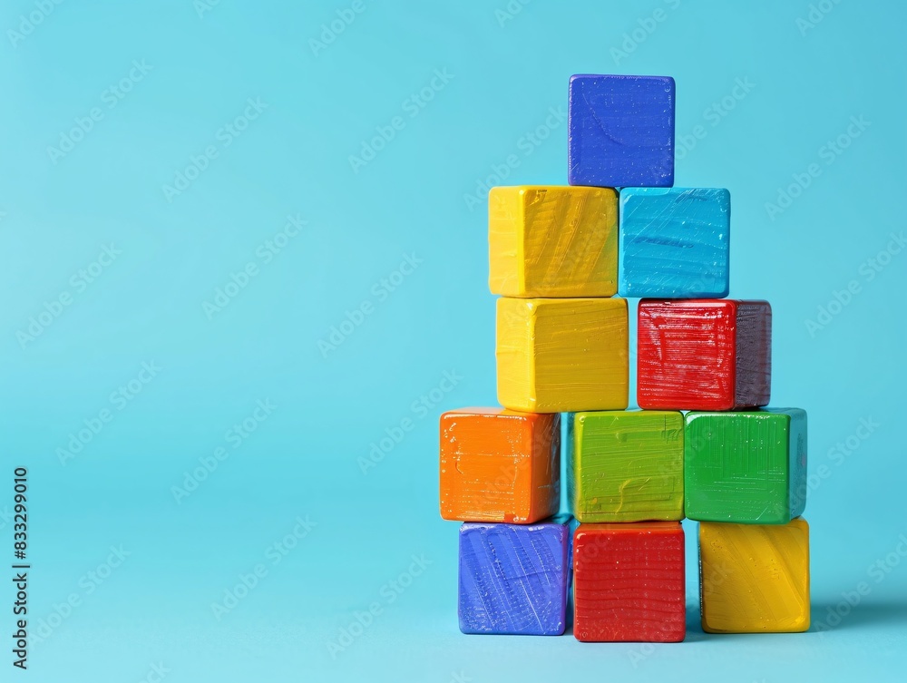 A tower of colorful toy blocks stacked neatly on a minimal background, providing ample space at the top for text. A tower of colorful toy blocks stacked neatly on a minimal background, providing ample space at the top for text.