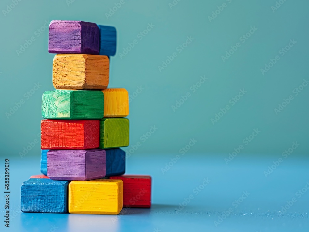A tower of colorful toy blocks stacked neatly on a minimal background, providing ample space at the top for text. A tower of colorful toy blocks stacked neatly on a minimal background, providing ample space at the top for text.