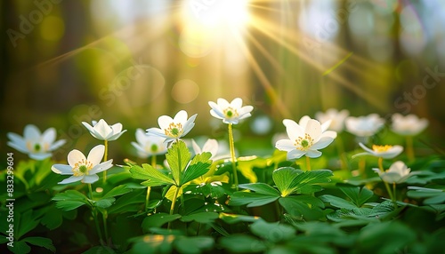 Close-up of beautiful white anemones in spring forest sunlight, flowering primroses in nature. Spring landscape with flowers, anemones, primroses, forest, sunlight, close-up, nature. photo