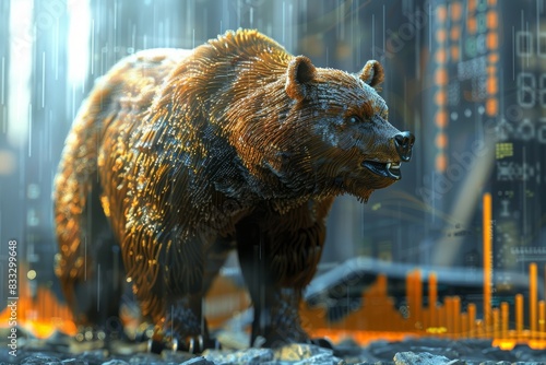 A striking 3D render illustration of a bear in a market scene, capturing the strength and impact of a market decline, with a focus on financial caution