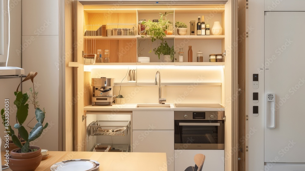 The compact kitchen makes the most of limited space with clever storage solutions, multi-functional appliances, and a foldable dining table. The compact kitchen makes the most of limited space with clever storage solutions, multi-functional appliances, and a foldable dining table.