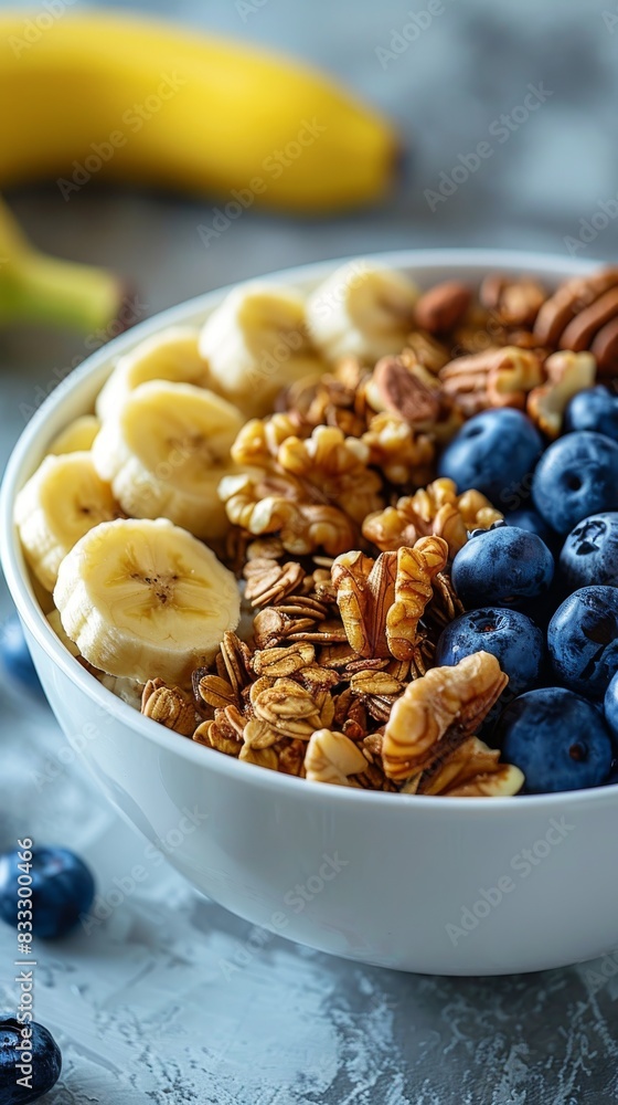 A white bowl filled with granola topped with fresh blueberries and sliced bananas. The concept of a healthy breakfast. A white bowl filled with granola topped with fresh blueberries and sliced bananas. The concept of a healthy breakfast.