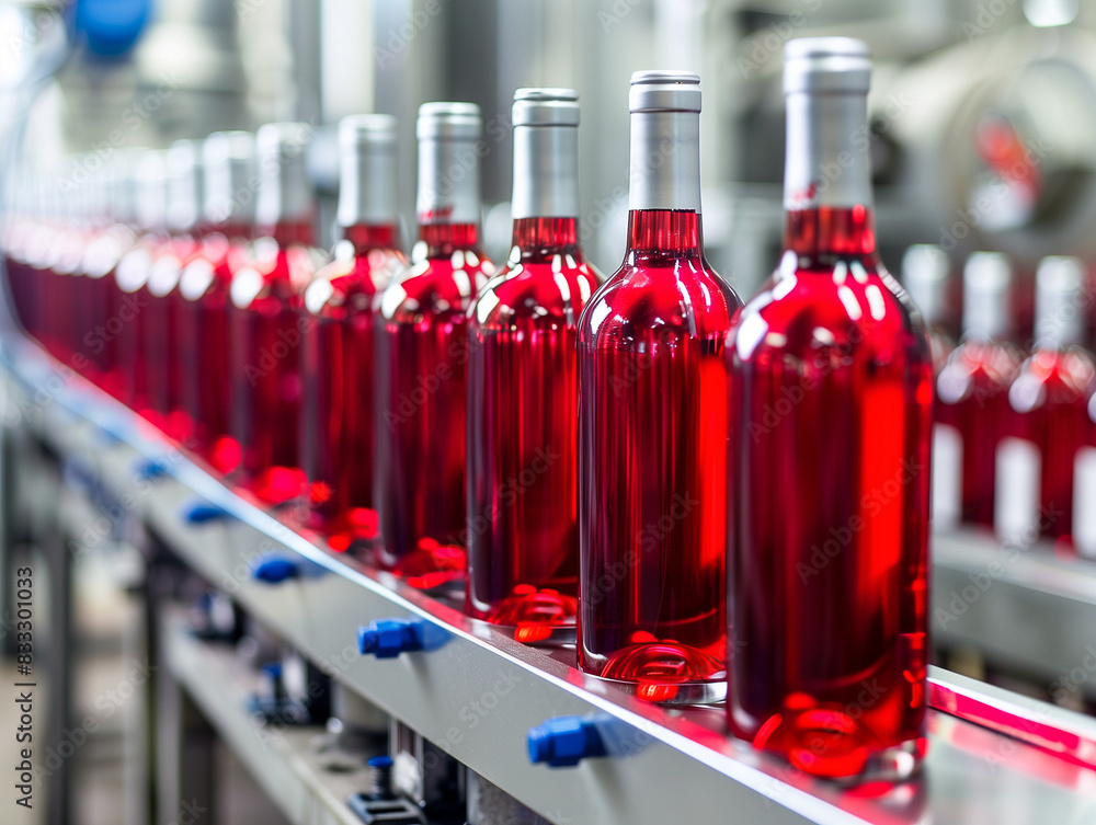 Flaschenweinabfüllung, Rotwein wird in Flaschen gefüllt am Band. Flaschenweinabfüllung, Rotwein wird in Flaschen gefüllt am Band.
