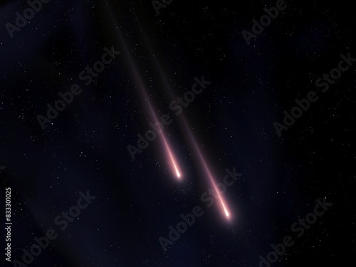 Two meteors isolated. Shooting stars, night view. Meteorites light up the starry sky.