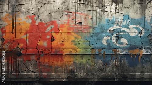 Vibrant graffiti art covers a cracked  weathered concrete wall
