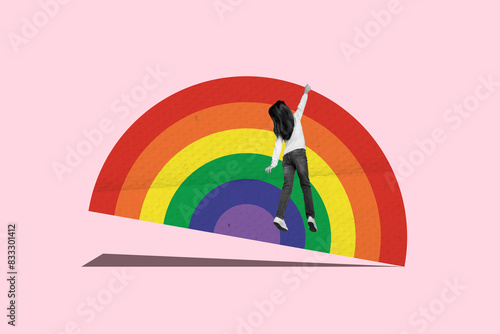 Composite collage image picture of mini bl ack white colors girl hang big rainbow isolated on creative background photo