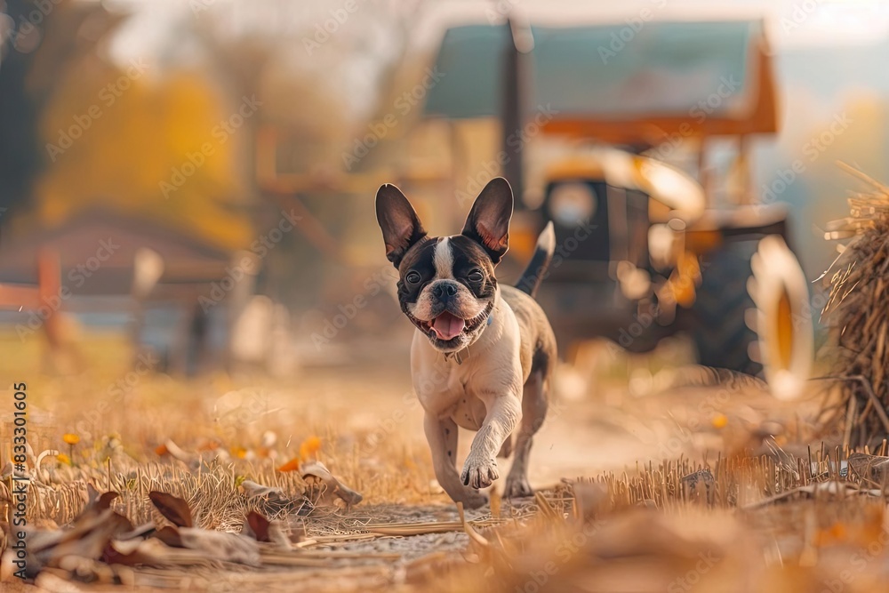A joyful French Bulldog running on a sunny autumn day in a rural landscape with a tractor in the background.