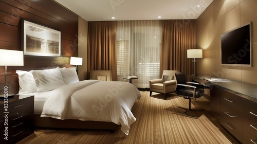 The contemporary guest room with neutral tones  comfortable bedding  and thoughtful amenities to make visitors feel at home.