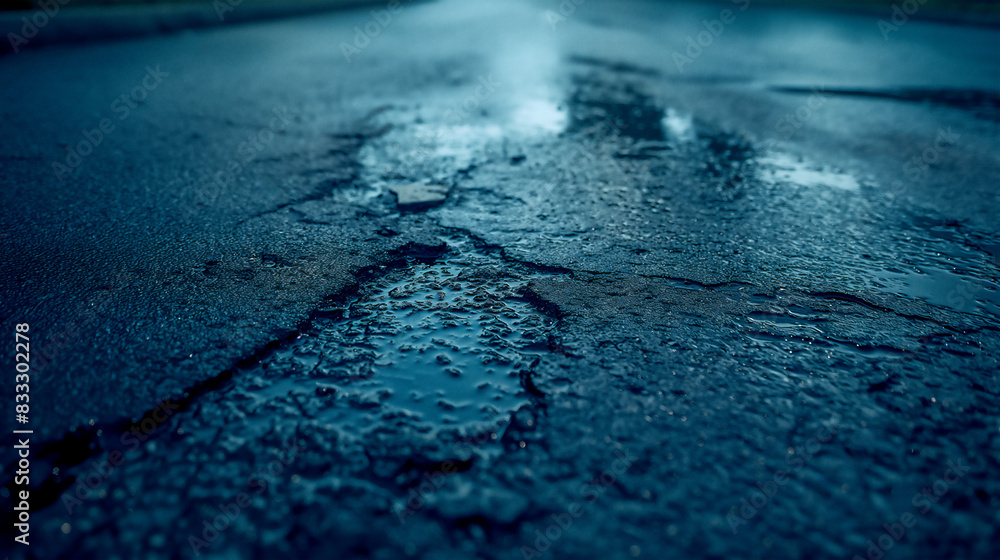 Closeup of the asphalt on an empty road, with raindrops creating small puddles and reflecting light in dark blue tones. Closeup of the asphalt on an empty road, with raindrops creating small puddles and reflecting light in dark blue tones.
