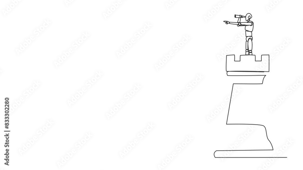 Animated self drawing of continuous one line drawing robot future tech on top of big rook chess piece using monocular looking for success, future business trends. Full length single line animation Animated self drawing of continuous one line drawing robot future tech on top of big rook chess piece using monocular looking for success, future business trends. Full length single line animation