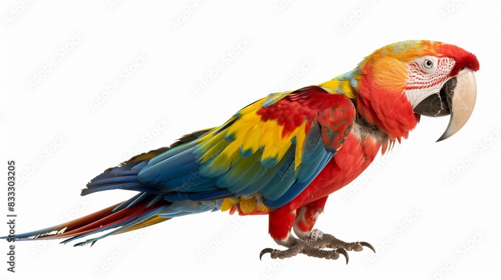 A colorful macaw parrot, its vibrant feathers standing out against a transparent backdrop, captured in stunning high definition.