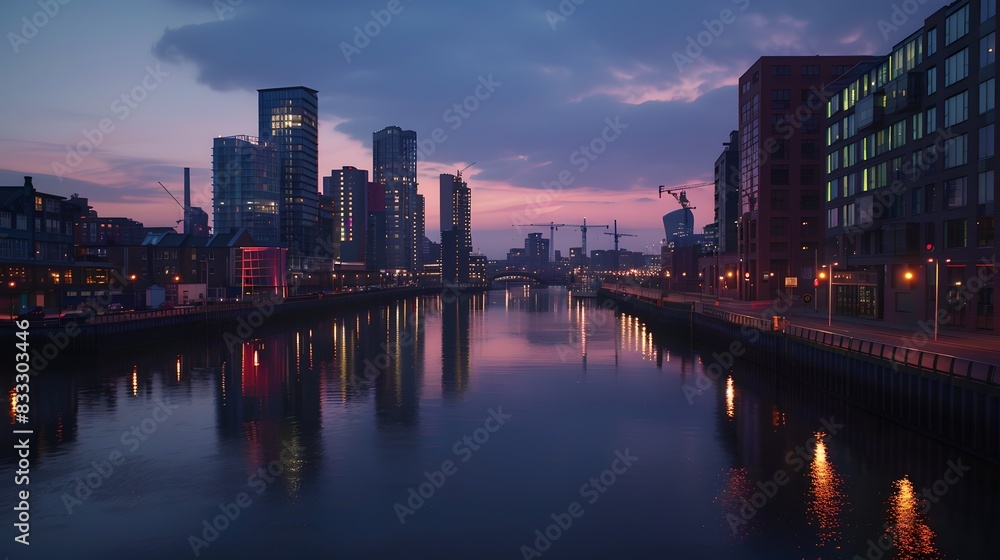Fototapeta premium Tranquil Cityscape at Twilight: Serene River Reflections and Skyline