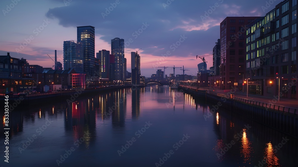 Tranquil Cityscape at Twilight: Serene River Reflections and Skyline