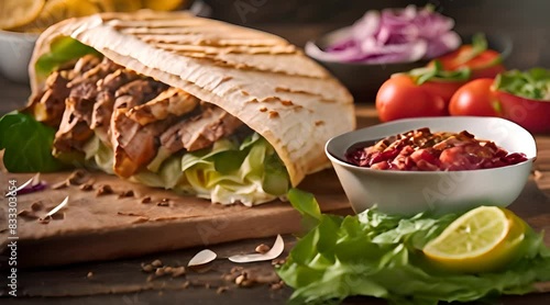 Delicious grilled chicken doner shawarma sandwich with aromatic spices photo