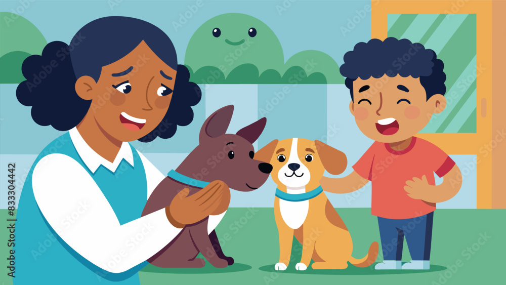 A shelter employee shedding happy tears as they see another one of their beloved animals find a loving family.. Vector illustration A shelter employee shedding happy tears as they see another one of their beloved animals find a loving family.. Vector illustration
