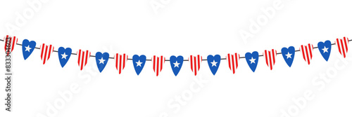 USA hanging flags in the shape of a heart Independence Day. Celebration party bunting flags.