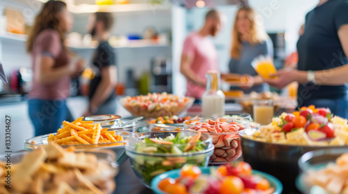 Buffet table with people in background. Vibrant buffet spread with fresh food, enjoyed by friends and colleagues in a casual setting. Perfect for food, lifestyle, and party themes. photo