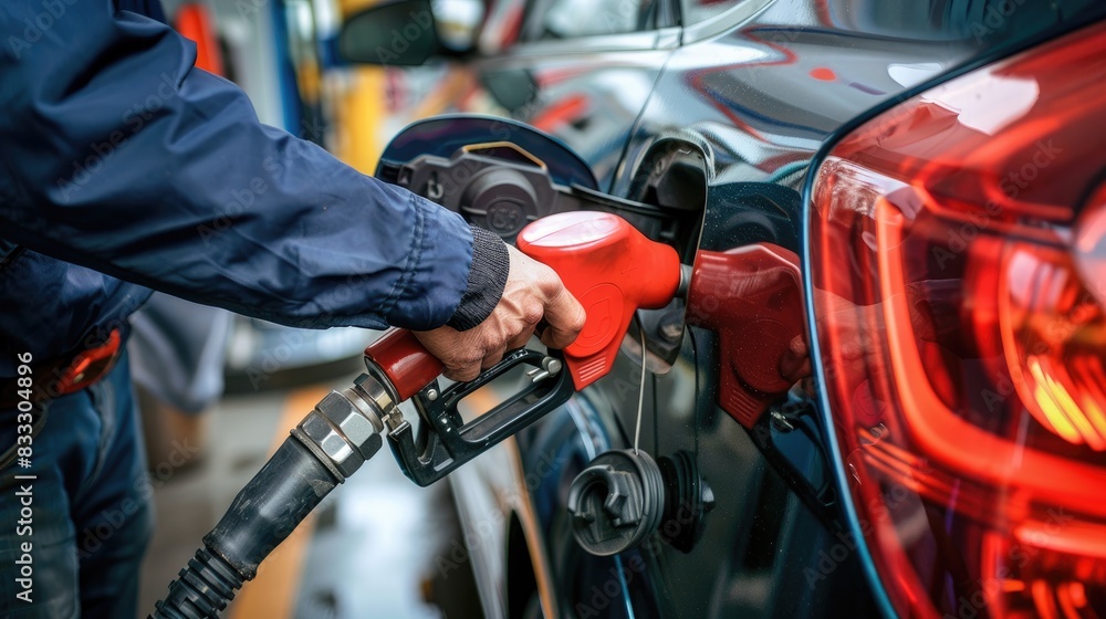 A man holding a fuel nozzle while filling up a car at a gas station A man holding a fuel nozzle while filling up a car at a gas station