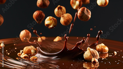 Wallpaper Mural Whole and chopped hazelnuts falling into liquid chocolate with smooth creamy texture. Sweets desserts chocolate products concept Torontodigital.ca