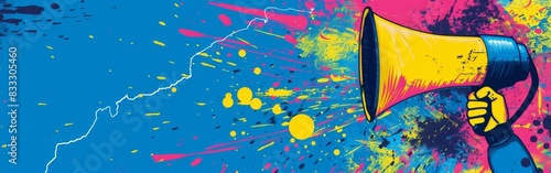 A hand holding a yellow and blue megaphone with splatters of paint on it against a blue background