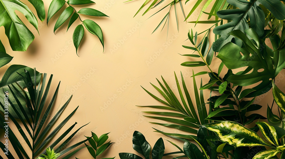 Beige background with tropical leaves on the edges Beige background with tropical leaves on the edges