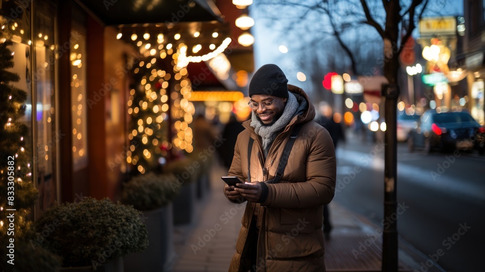 Man in winter attire enjoying a cheerful evening, using a smartphone on a festive city street decorated with lights Man in winter attire enjoying a cheerful evening, using a smartphone on a festive city street decorated with lights