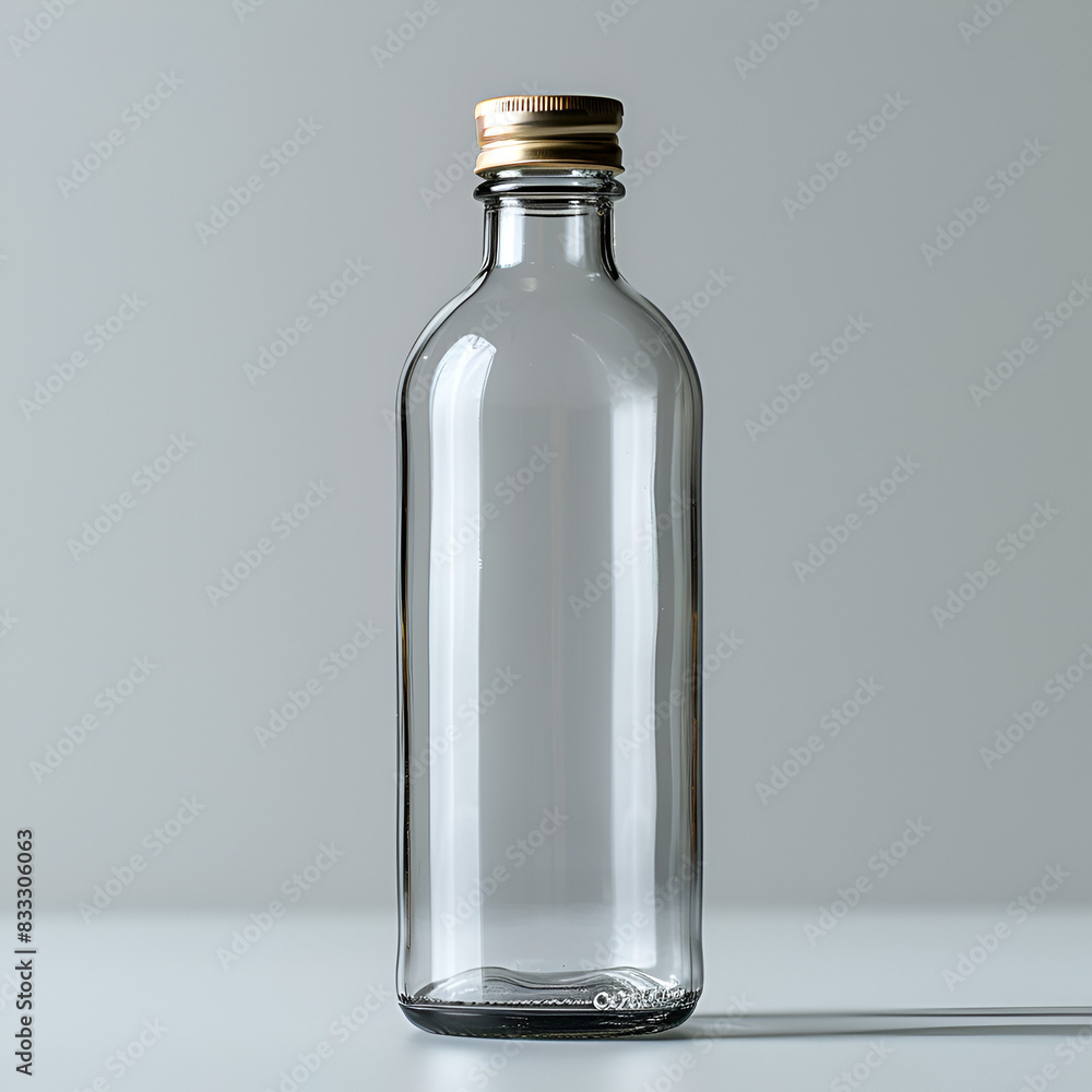 Empty transparent glass bottle with a gold metallic lid sits on a plain white table. This high-resolution royalty-free stock photo is ideal for showcasing clean, minimalist design. Empty transparent glass bottle with a gold metallic lid sits on a plain white table. This high-resolution royalty-free stock photo is ideal for showcasing clean, minimalist design.