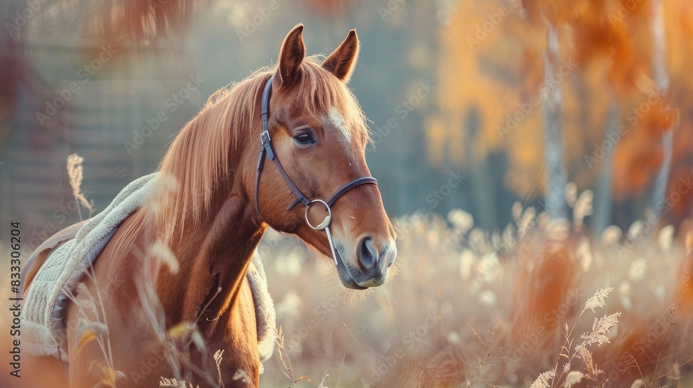 Obraz premium A gleaming chestnut horse standing in a field with a halter and blanket