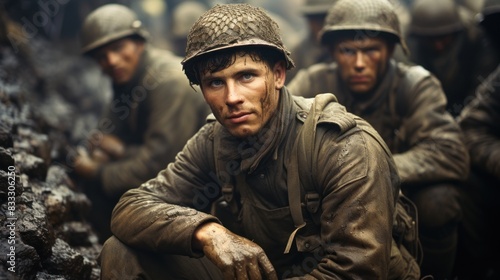 Intensely realistic portrayal of a young soldier with a contemplative expression during a break in wartime combat photo