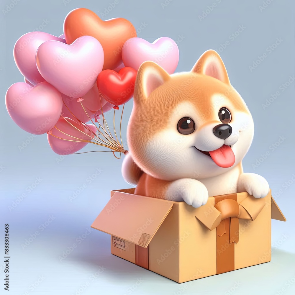 cute shiba inu dog flying with box and love balloons cartoon ,3d Generative AI cute shiba inu dog flying with box and love balloons cartoon ,3d Generative AI