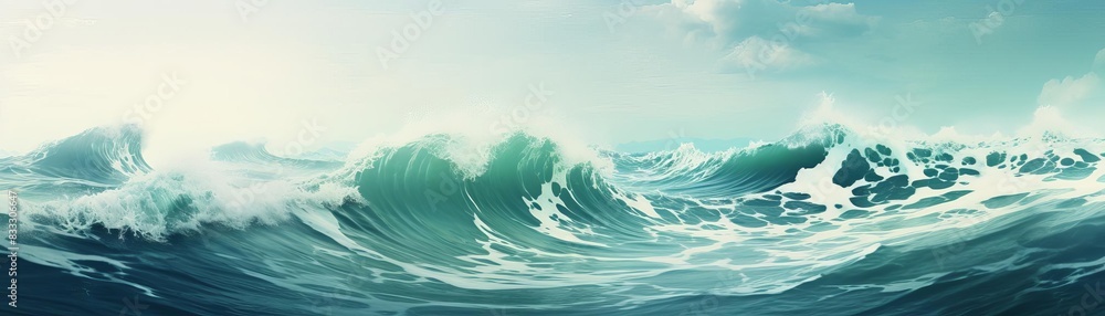 Depict an abstract seascape with overlapping waves of blues and greens