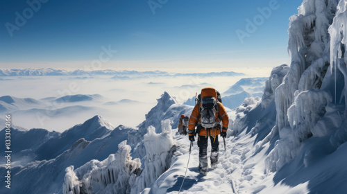 Lone climber in winter gear making their way across a narrow snowy ridge with expansive mountain views beneath photo