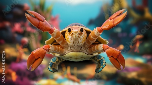 A close up of a fictional turtle-lobster chimera with large claws and an orange shell, AI