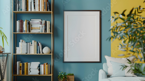 an empty white vertical poster framed mockup in an exact 2:3 ratio, closeup, in the living room © john