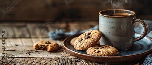 Rustic setup with a steaming cup of coffee and fresh chocolate chip cookies on a wooden table, perfect for cozy moments.