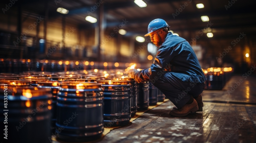 An industrial scene with a worker in a hard hat inspecting barrels in a dimly lit storeroom An industrial scene with a worker in a hard hat inspecting barrels in a dimly lit storeroom