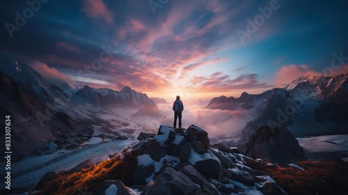 An adventurer stands upon a rocky peak taking in the breathtaking morning views of the mountainous landscape #833307634