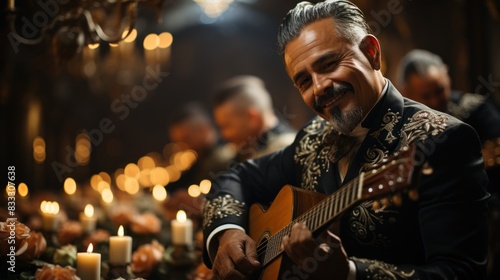 A man in a traditional mariachi suit performs on a guitar surrounded by candlelight in an elegant setting