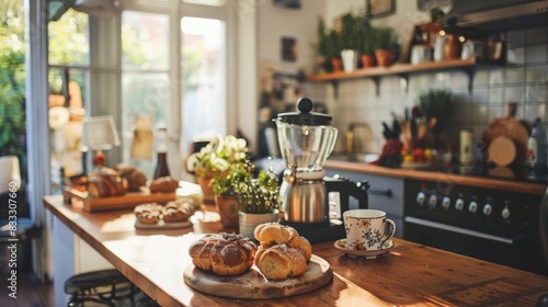 Cozy kitchen interior with pastries  flowers  and kitchen appliances on a wooden countertop  bathed in warm natural light.