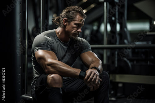 Exhausted muscular man sitting on bench at gym. Generative AI