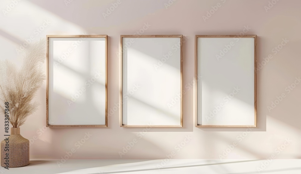 Fototapeta premium 3 vertical wooden frames mockup on wall, white and pink background
