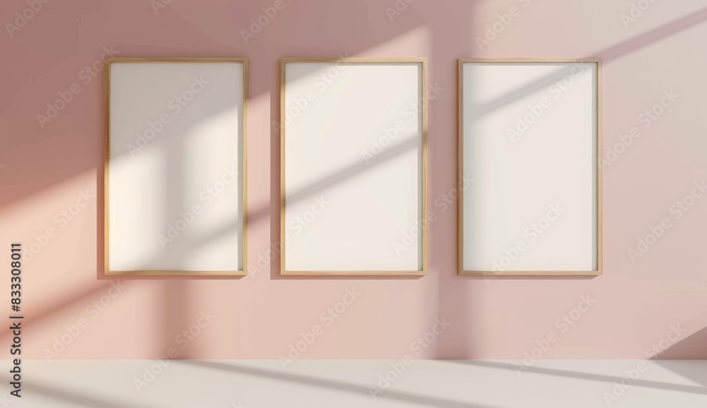 3 vertical wooden frames mockup on wall, white and pink background 3 vertical wooden frames mockup on wall, white and pink background