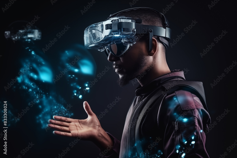 Young man in high tech virtual reality glasses. Generative AI Young man in high tech virtual reality glasses. Generative AI