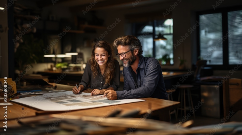Two professionals smiling while working on project plans together in a well-lit office space Two professionals smiling while working on project plans together in a well-lit office space