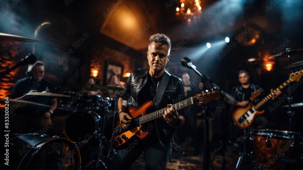 Musician in leather jacket performs with guitar in front of a band on a dimly lit stage Musician in leather jacket performs with guitar in front of a band on a dimly lit stage